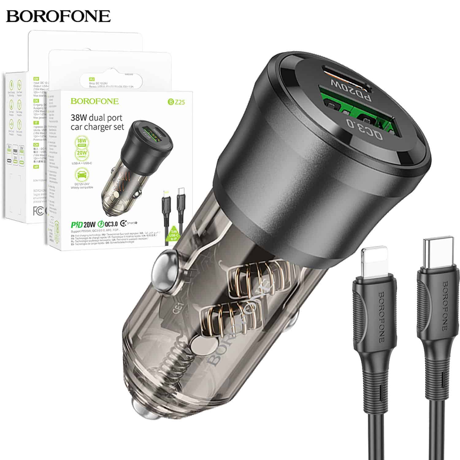 BOROFONE BZ25 Journey PD38W (1C1A) Fast Charging Quick Car Charger With PD Type C to Lightning Cable (Transparent Black) BOROFONE BZ25 Journey PD38W (1C1A) Fast Charging Quick Car Charger With PD Type C to Lightning Cable (Transparent Black)